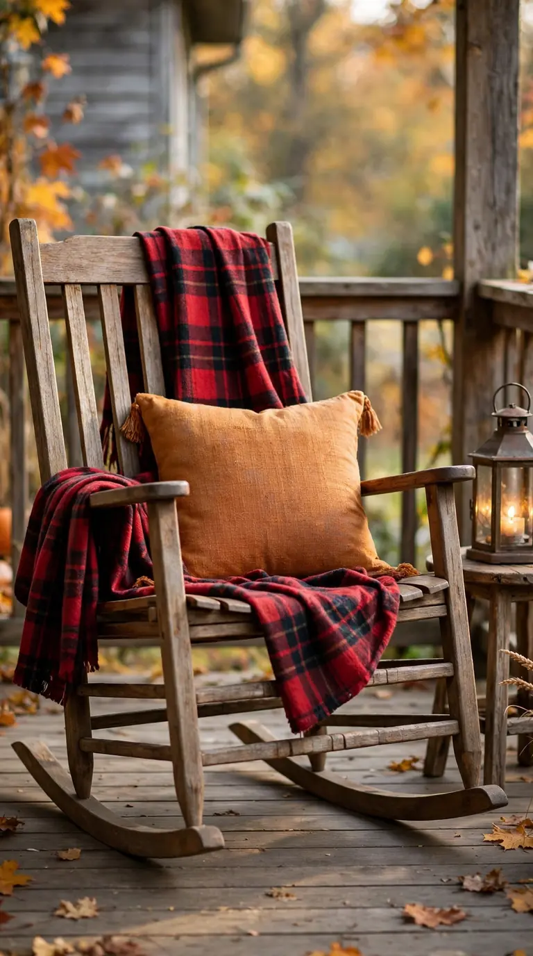 Wooden rocking chair draped with plaid throws on a cozy fall porch