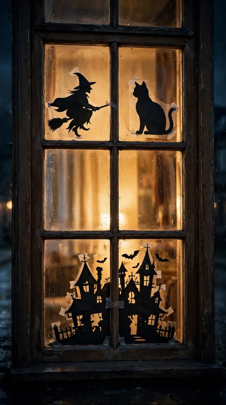 Spooky Halloween window silhouettes glowing at night