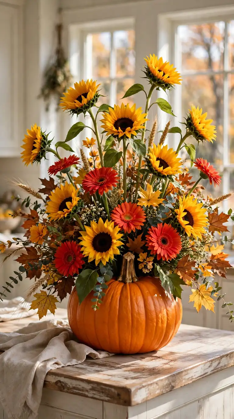 Orange pumpkin overflowing with tall sunflowers and gerbera daisies