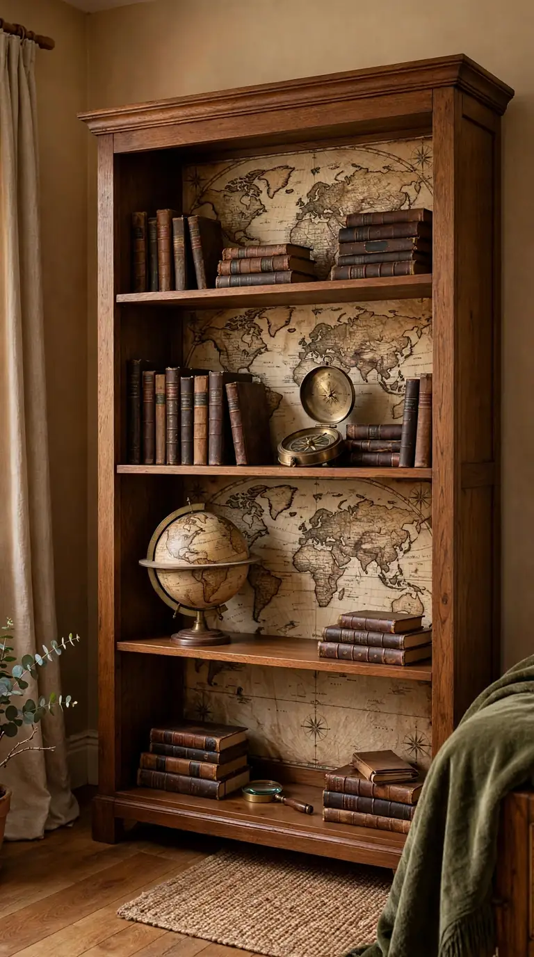 Vintage sepia world map wallpaper lining a wooden bedroom bookcase with leather books and a brass compass