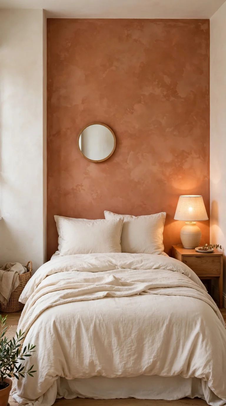 Bedroom with warm terracotta limewash accent wall behind the bed