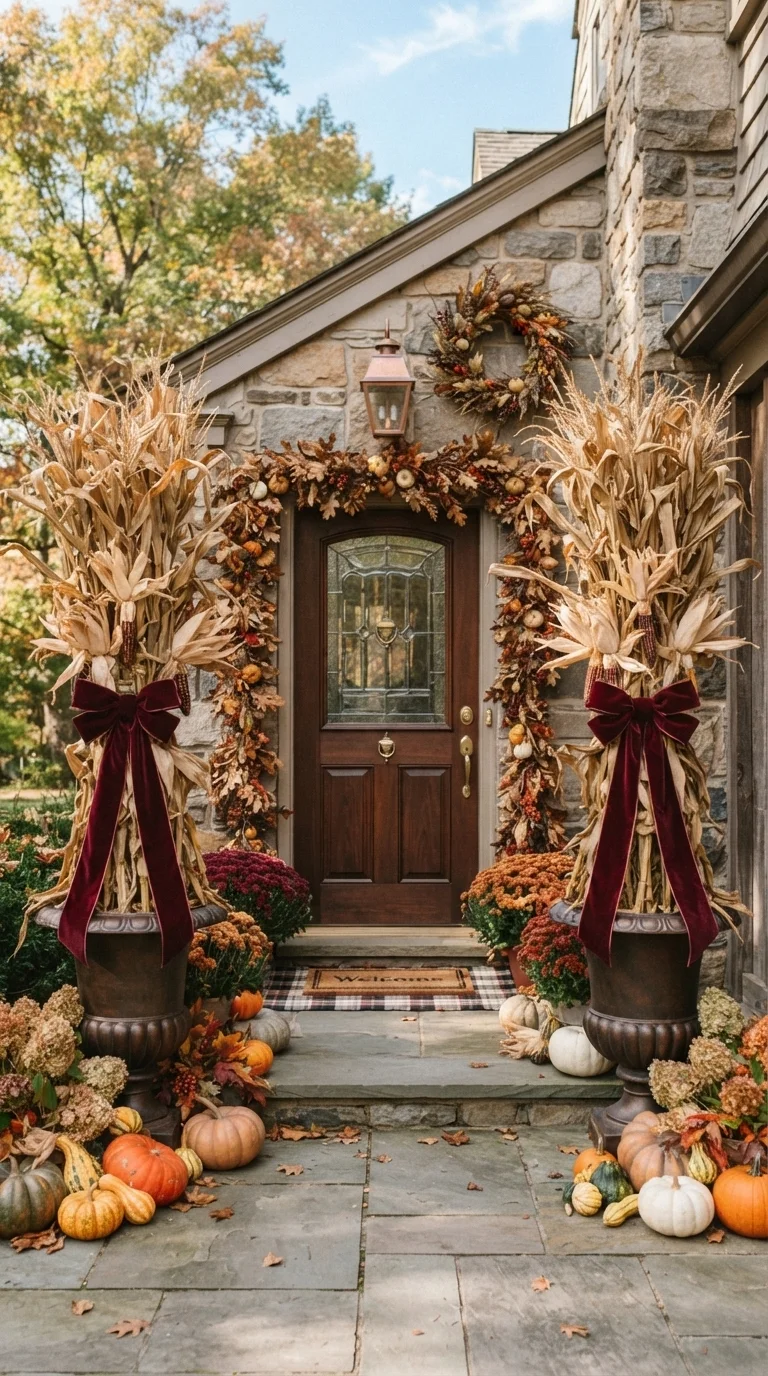 9. Dried Corn Stalk and Velvet Ribbon Pillars