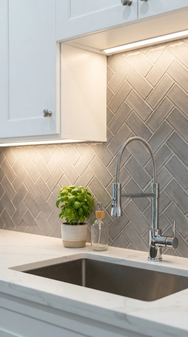 9. Gray Herringbone Tile Accents