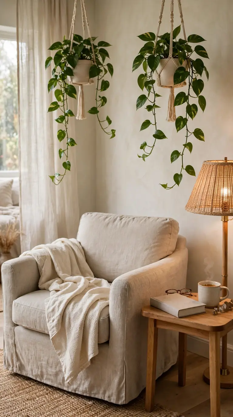 Cozy bedroom reading corner with hanging pothos plants in macrame hangers