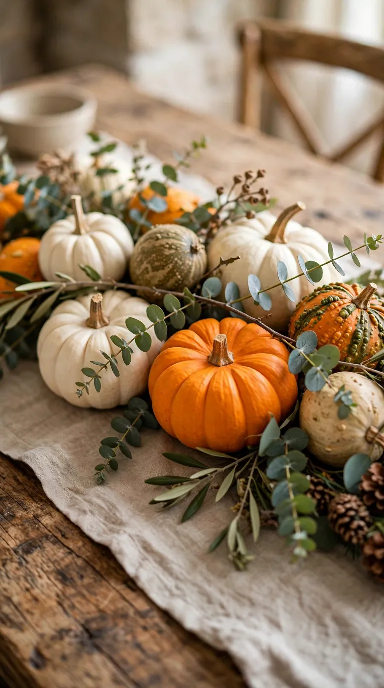 Harvest centrepiece of white and orange pumpkins, gourds and eucalyptus on a linen runner