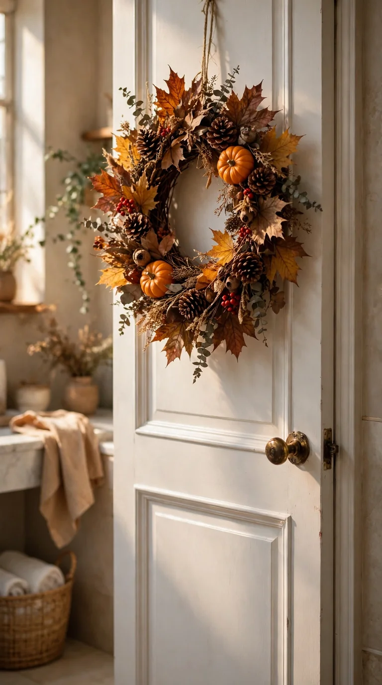 15 Thanksgiving Bathroom Decor Ideas for a Warm Festive Welcome Thanksgiving bathroom decor with a harvest wreath of dried leaves, pinecones and mini pumpkins hanging on a bathroom door