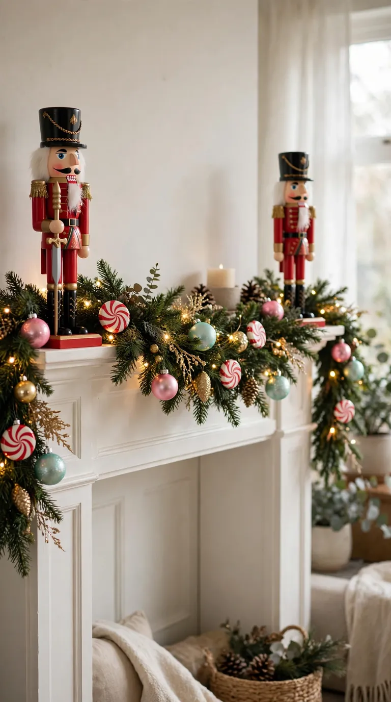 Two red and gold nutcracker soldiers flanking a garland-draped Christmas mantel with candy ornaments