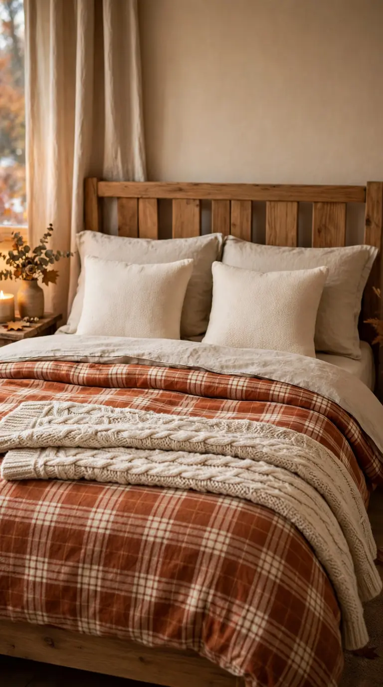 Guest bed dressed with rust plaid bedding, cream sheets, and a chunky knit throw