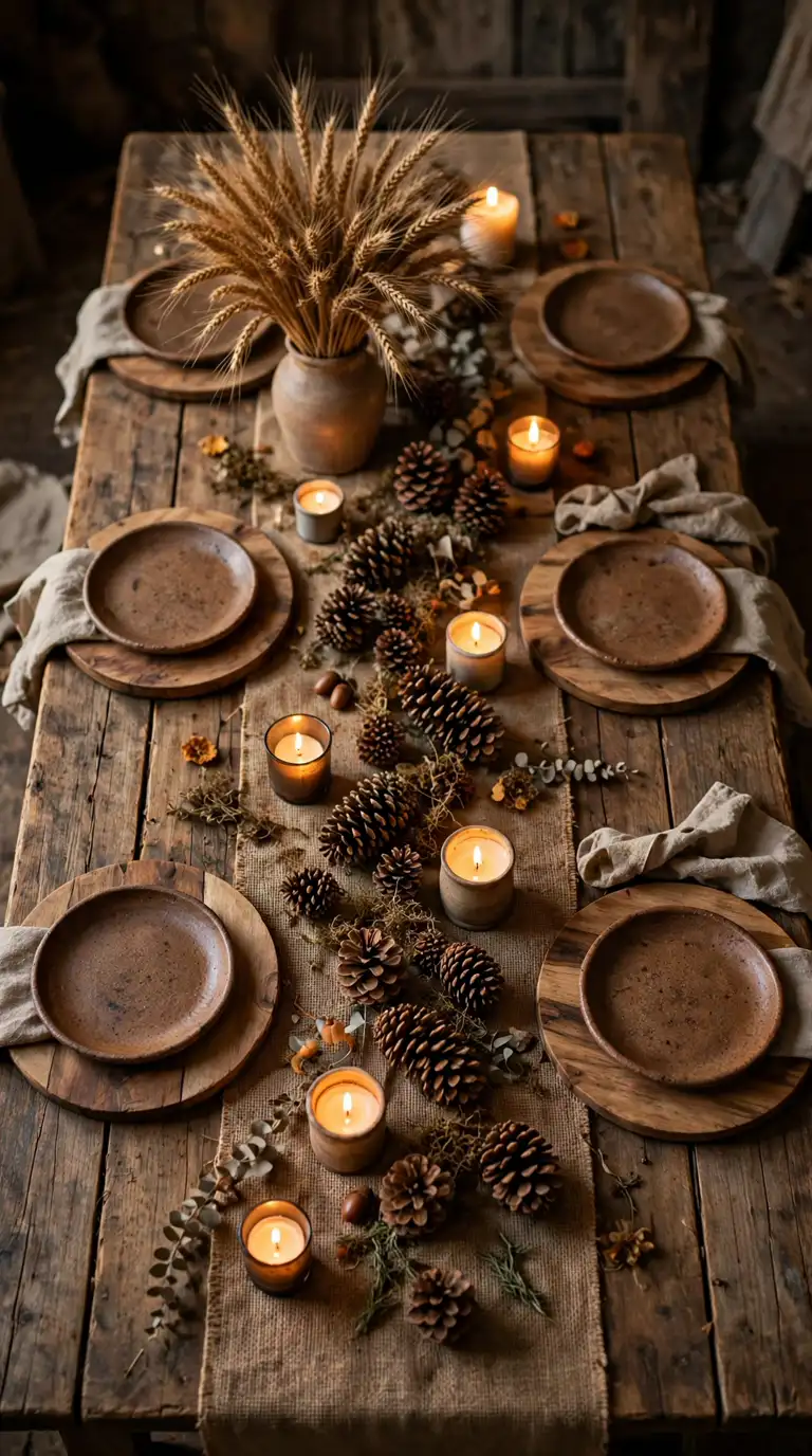 Rustic harvest Thanksgiving table with wooden chargers, dried wheat bundles, and pinecones