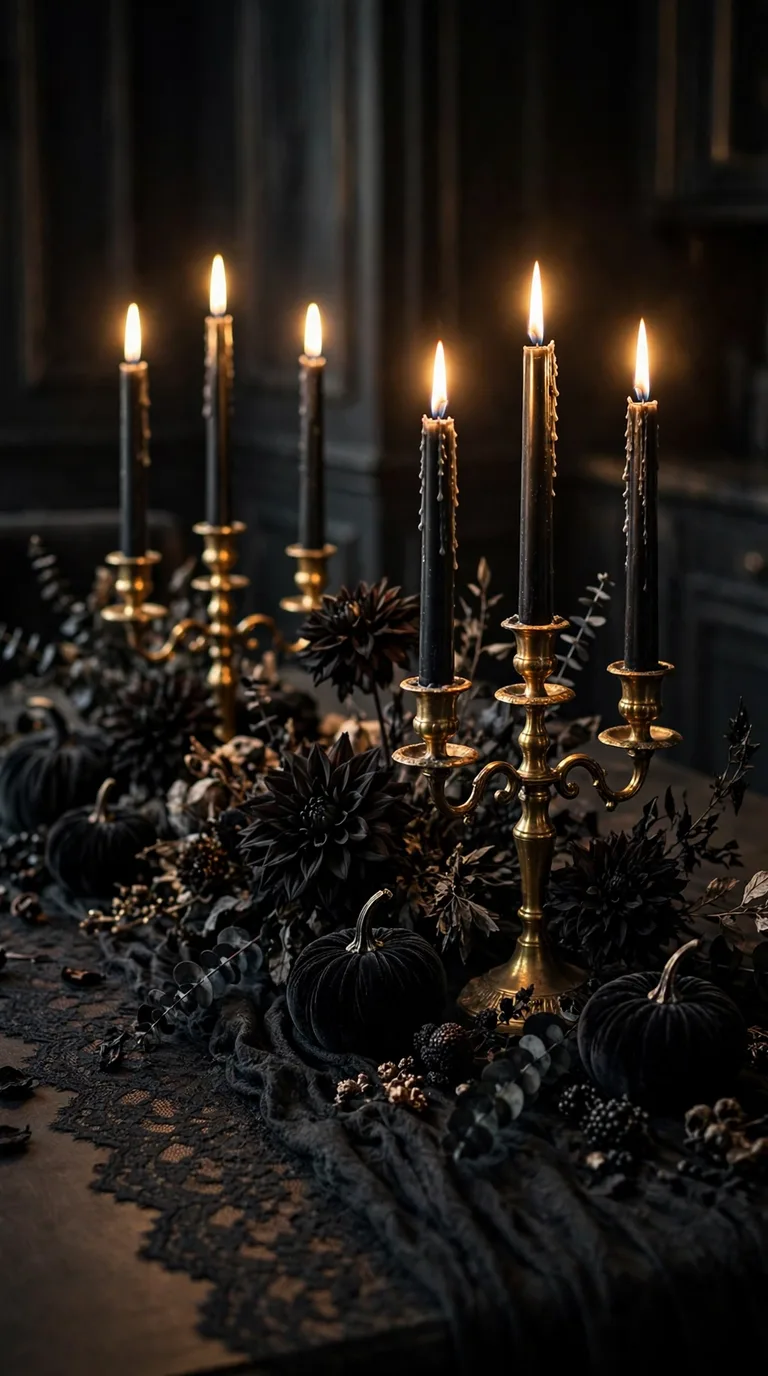 Gothic Halloween dining room decor with tall black taper candles in brass candelabras on a black lace runner
