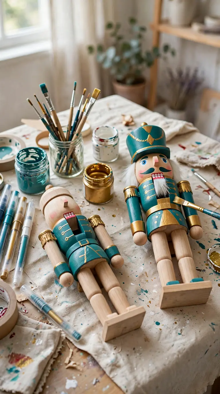 Hand-painted nutcracker figure mid-makeover with paint pens and brushes on a craft table