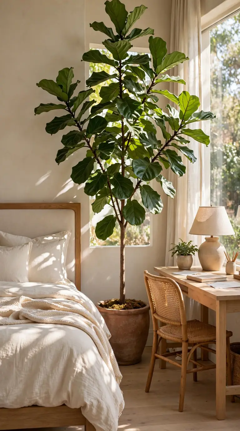 Tall fiddle leaf fig plant dividing bedroom sleeping area from workspace