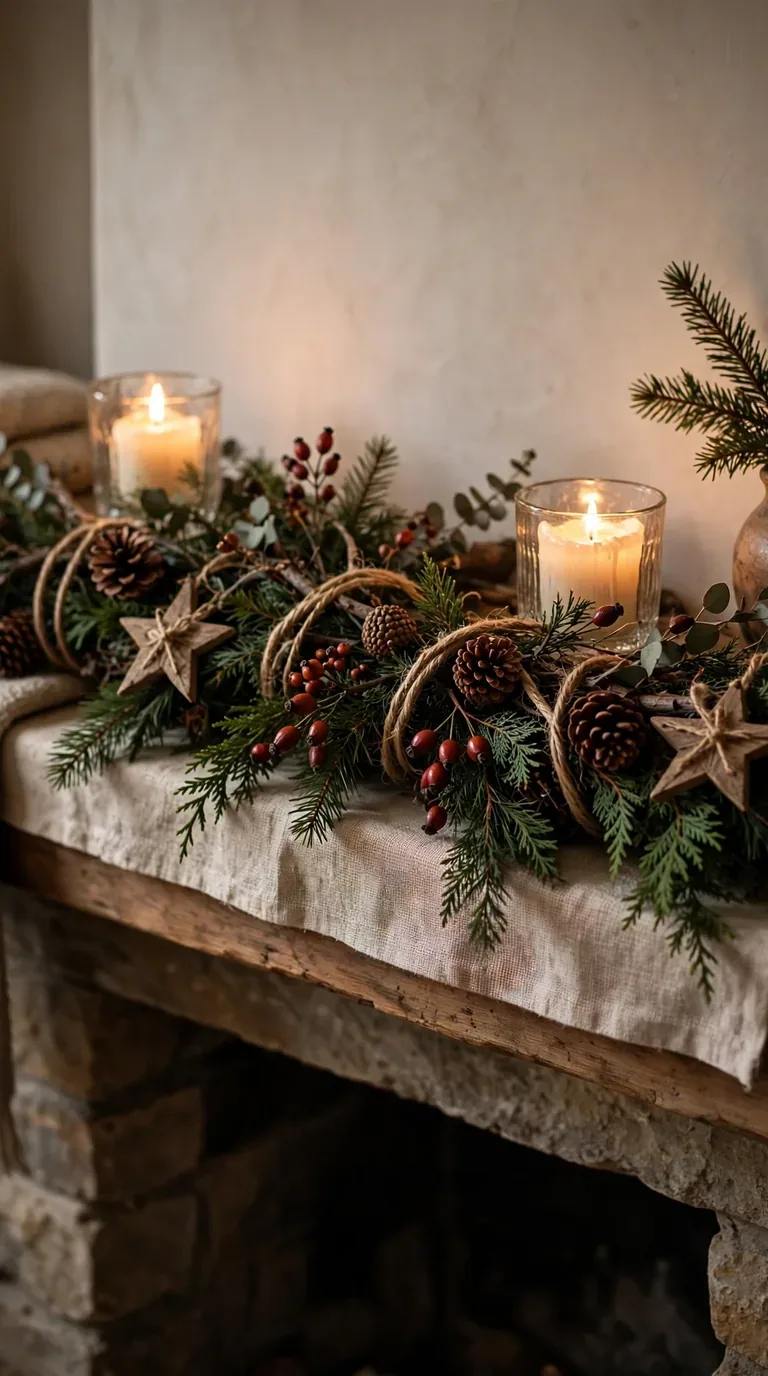 Foraged evergreen branch swag with pinecones and dried berries on a fireplace mantel