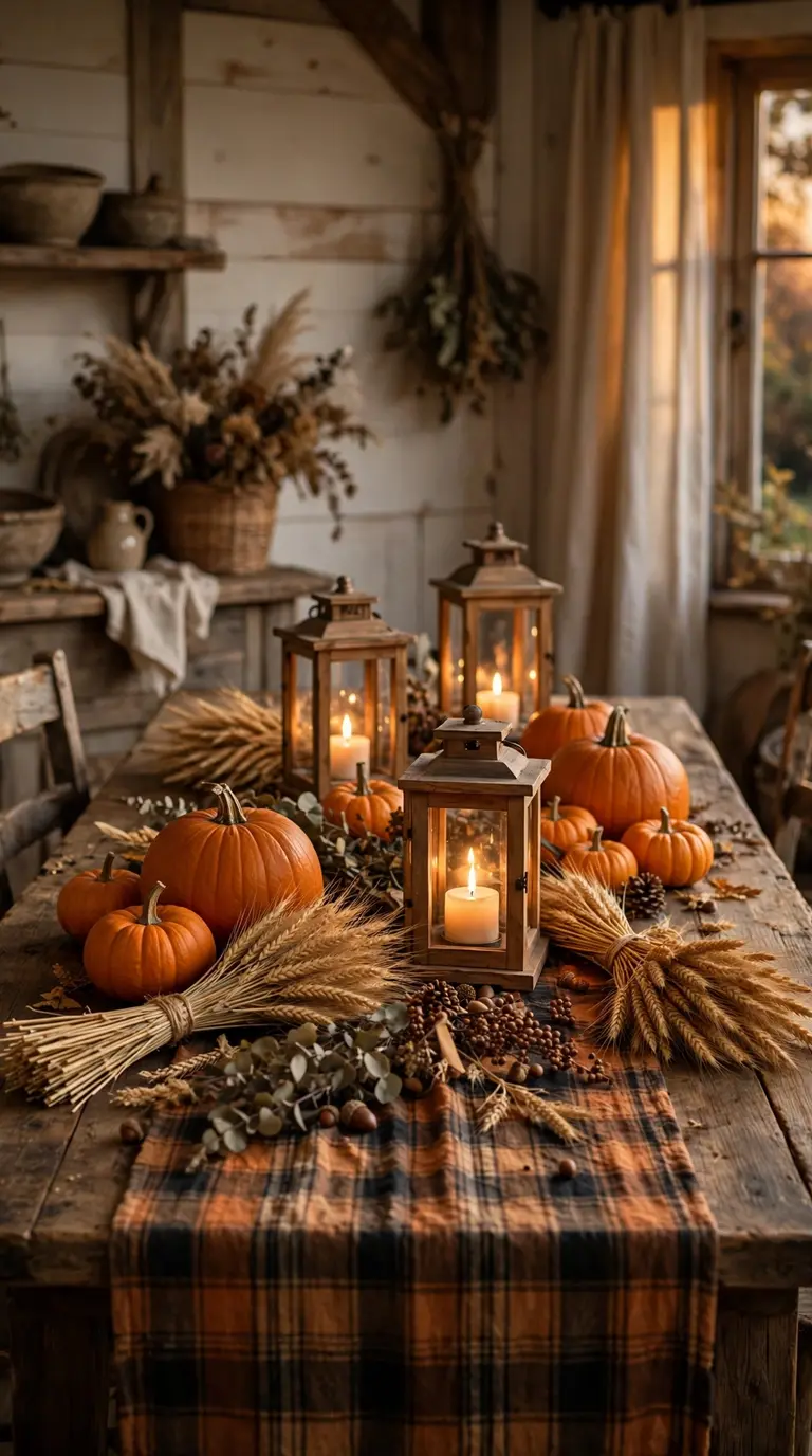Rustic farmhouse Halloween dining table with plaid runner, pumpkins and lanterns