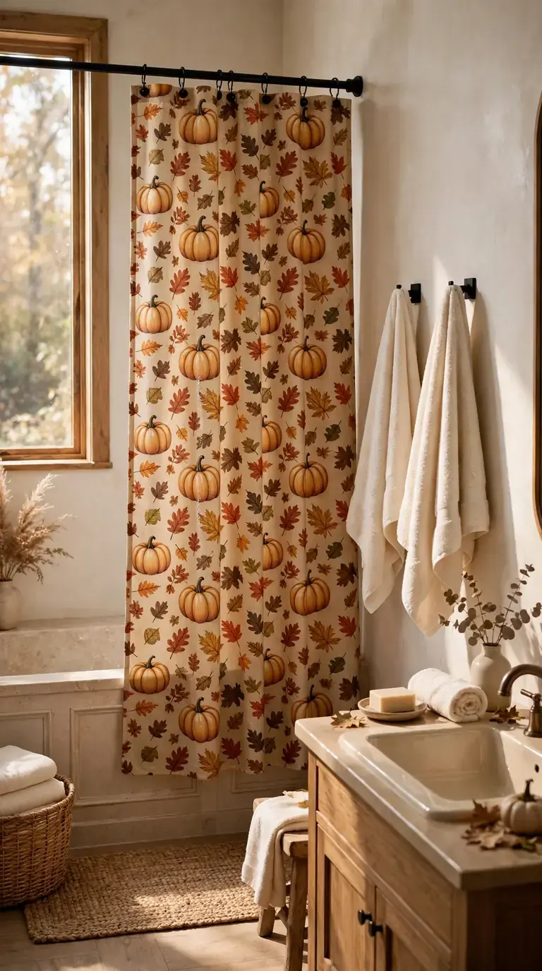 15 Thanksgiving Bathroom Decor Ideas for a Warm Festive Welcome Thanksgiving bathroom with a harvest print shower curtain in warm fall tones and pumpkins