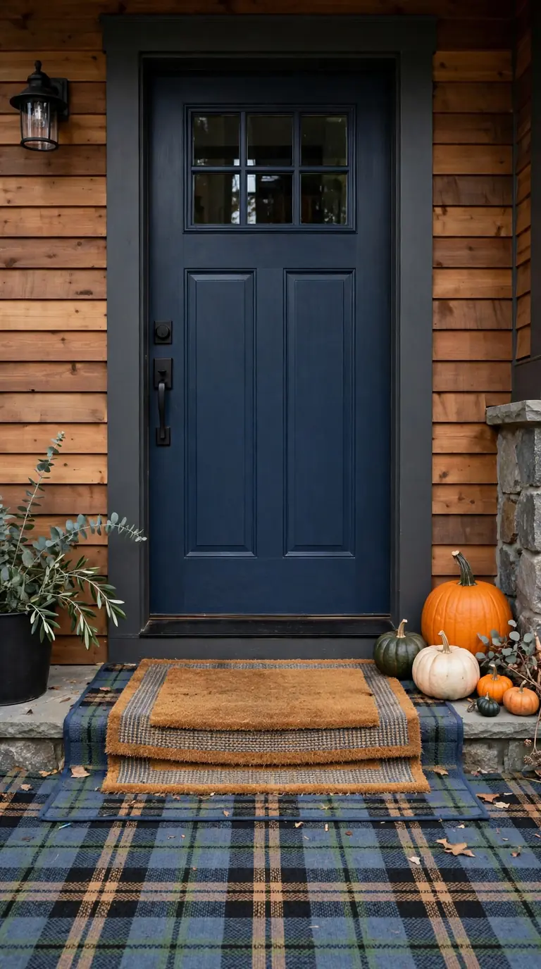 Layered Thanksgiving doormat over a plaid outdoor rug at a front door