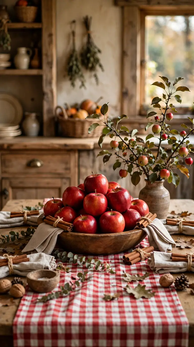 Orchard Thanksgiving table with red apples, cinnamon sticks, and apple branches