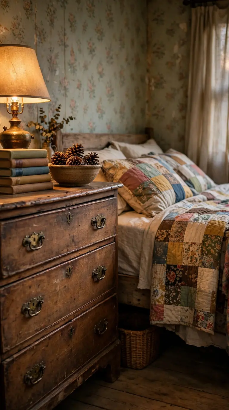 Vintage guest room with thrifted dresser, handmade quilt, and brass lamp