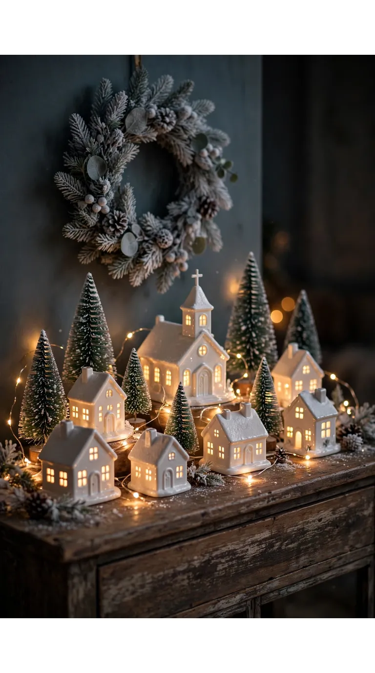 White ceramic Christmas village with glowing windows, bottle brush trees and fairy lights