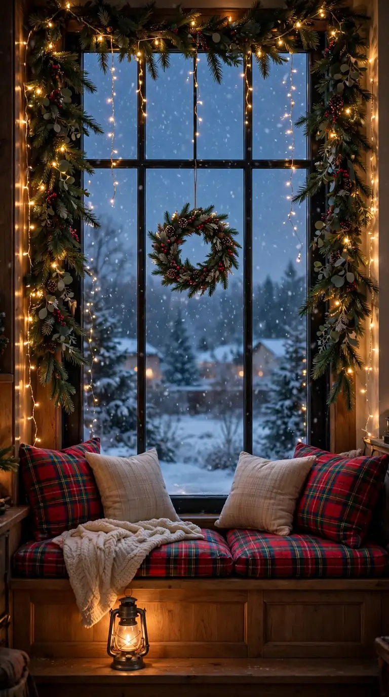 Window garland and fairy lights christmas living room decor