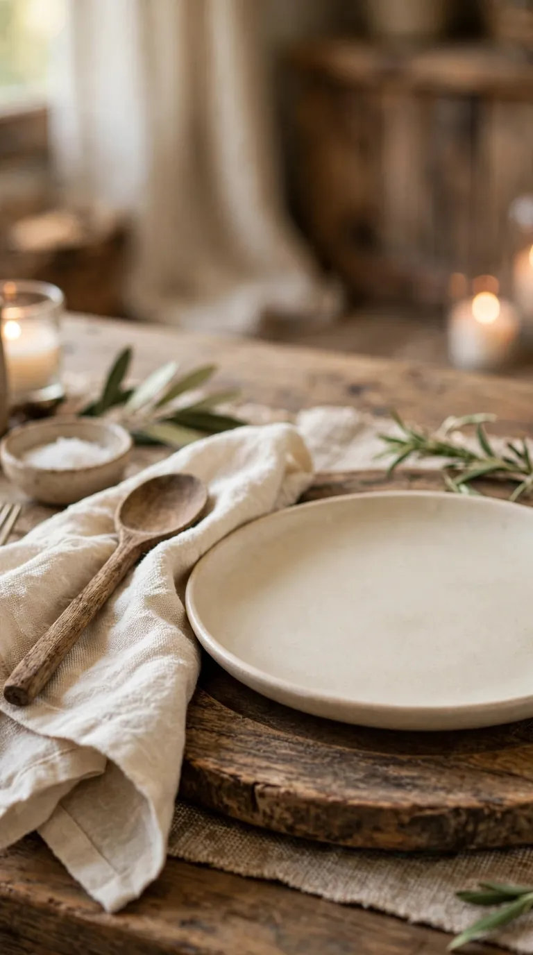 Rustic wooden chargers under cream plates with a linen napkin