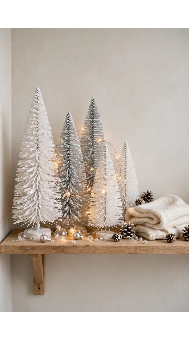 Collection of white and silver bottle brush Christmas trees styled on a wooden shelf