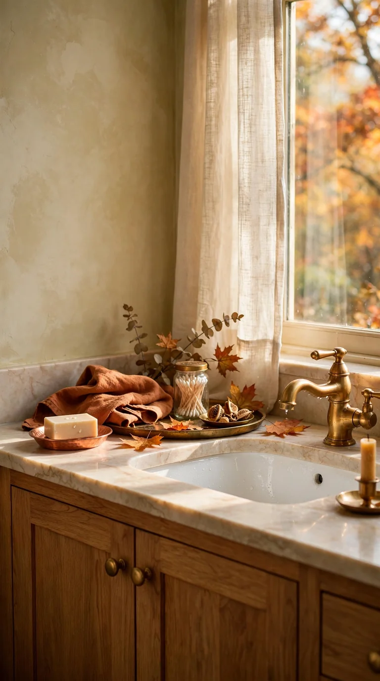 15 Thanksgiving Bathroom Decor Ideas for a Warm Festive Welcome Thanksgiving bathroom with copper soap dish, brass faucet accents and warm metallic decor