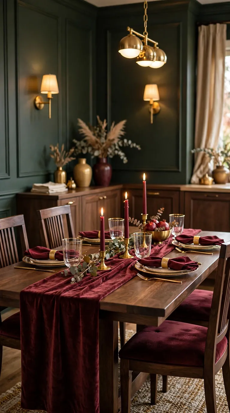Elegant gold and burgundy Thanksgiving table with velvet runner