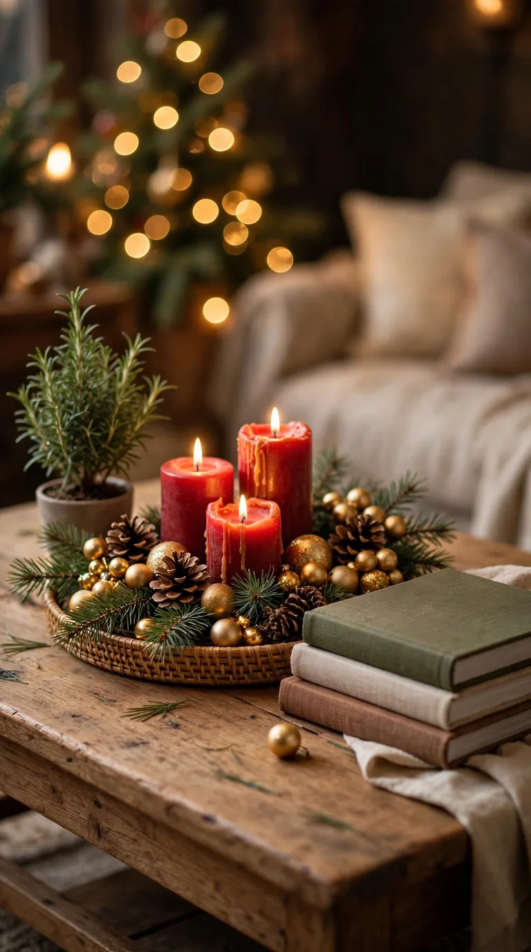 Layered holiday coffee table centerpiece christmas living room decor