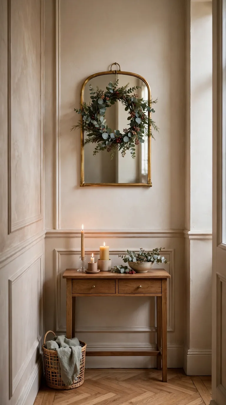 Entryway mirror dressed with a small eucalyptus and berry wreath for Thanksgiving