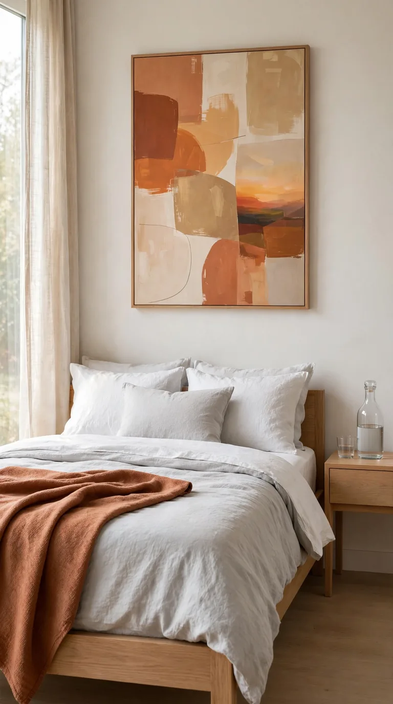 Modern minimal guest room with grey bedding, clay throw, and clean wooden bed frame