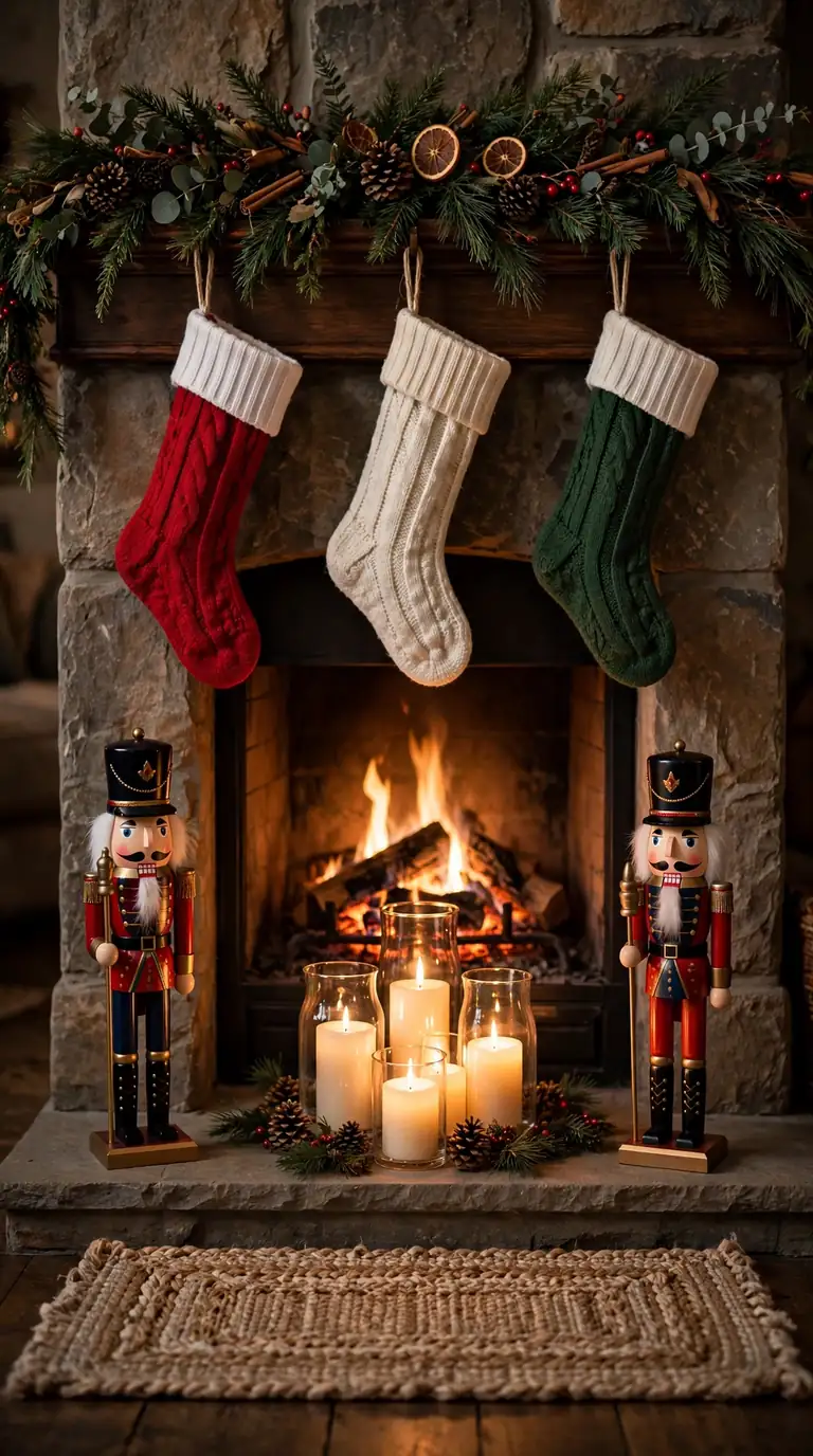 Nutcracker soldiers on a fireplace hearth beside hanging stockings and glowing pillar candles
