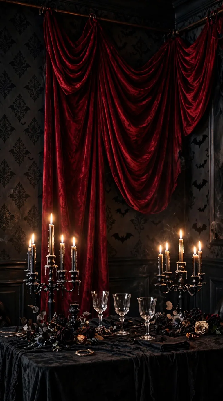 Vampire-inspired Halloween dining room with red velvet drapes and black candelabra