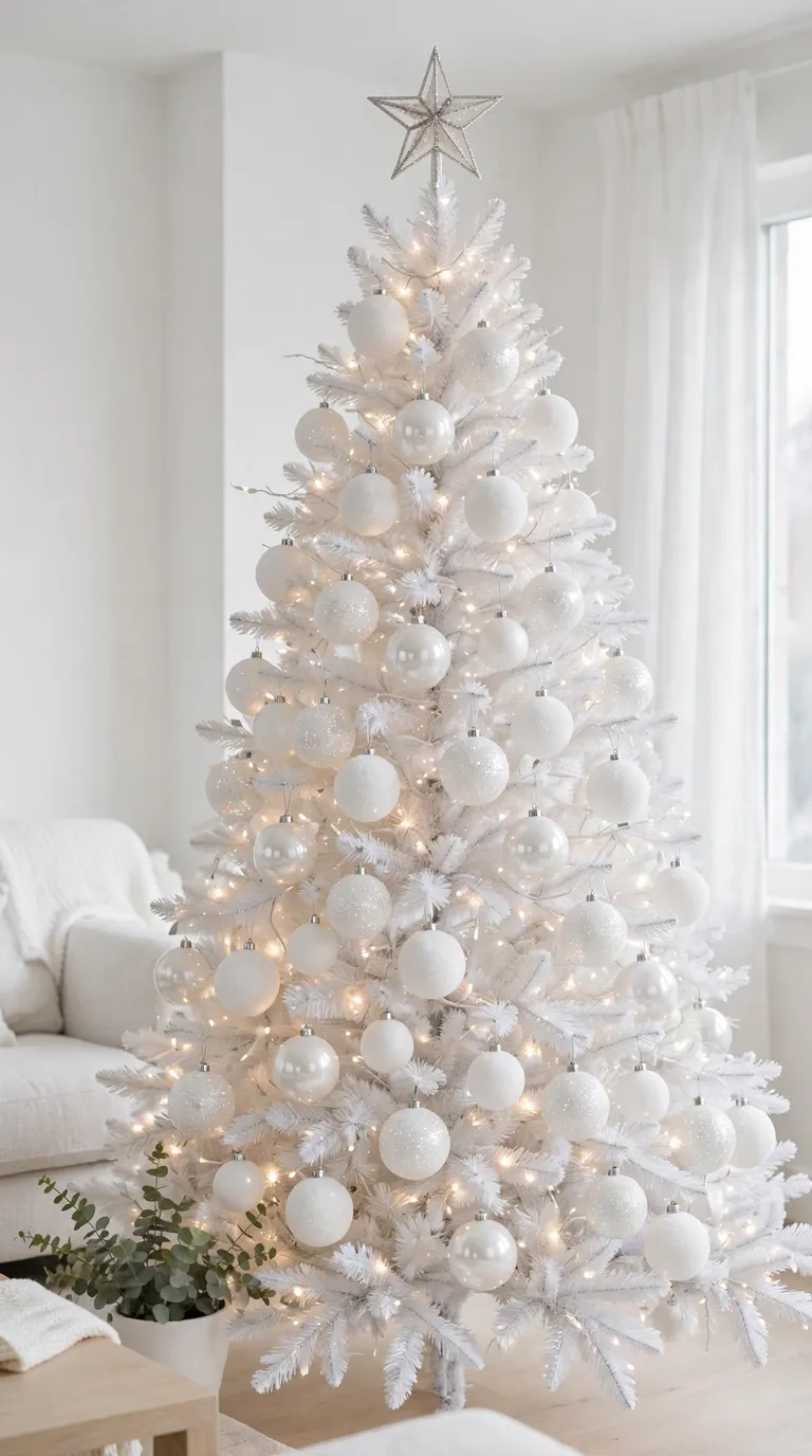 All-white Christmas tree with white baubles in matte, glossy and glitter finishes