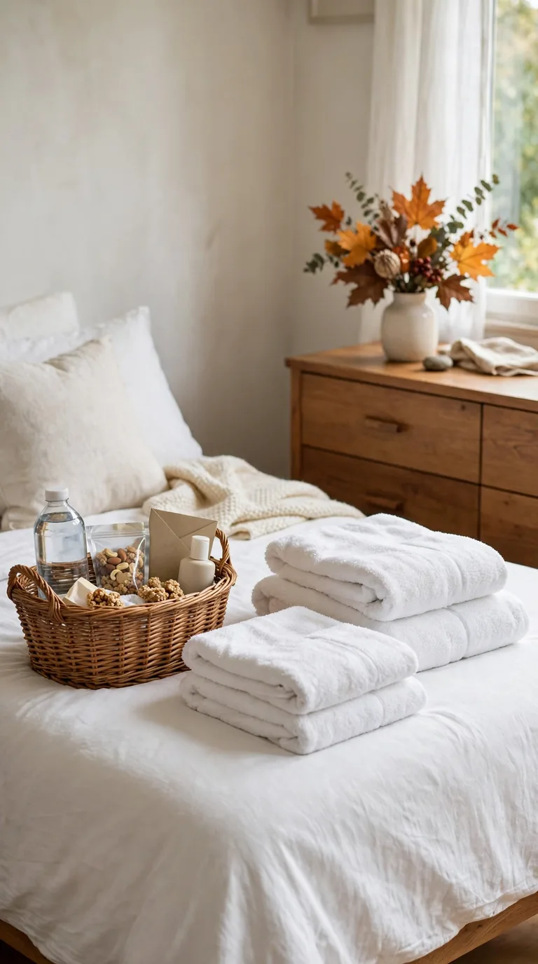 Guest bed with welcome basket, folded towels, and handwritten note on the dresser