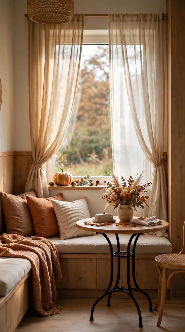 Dining nook window with warm sheers, fall flowers and a pumpkin on the sill