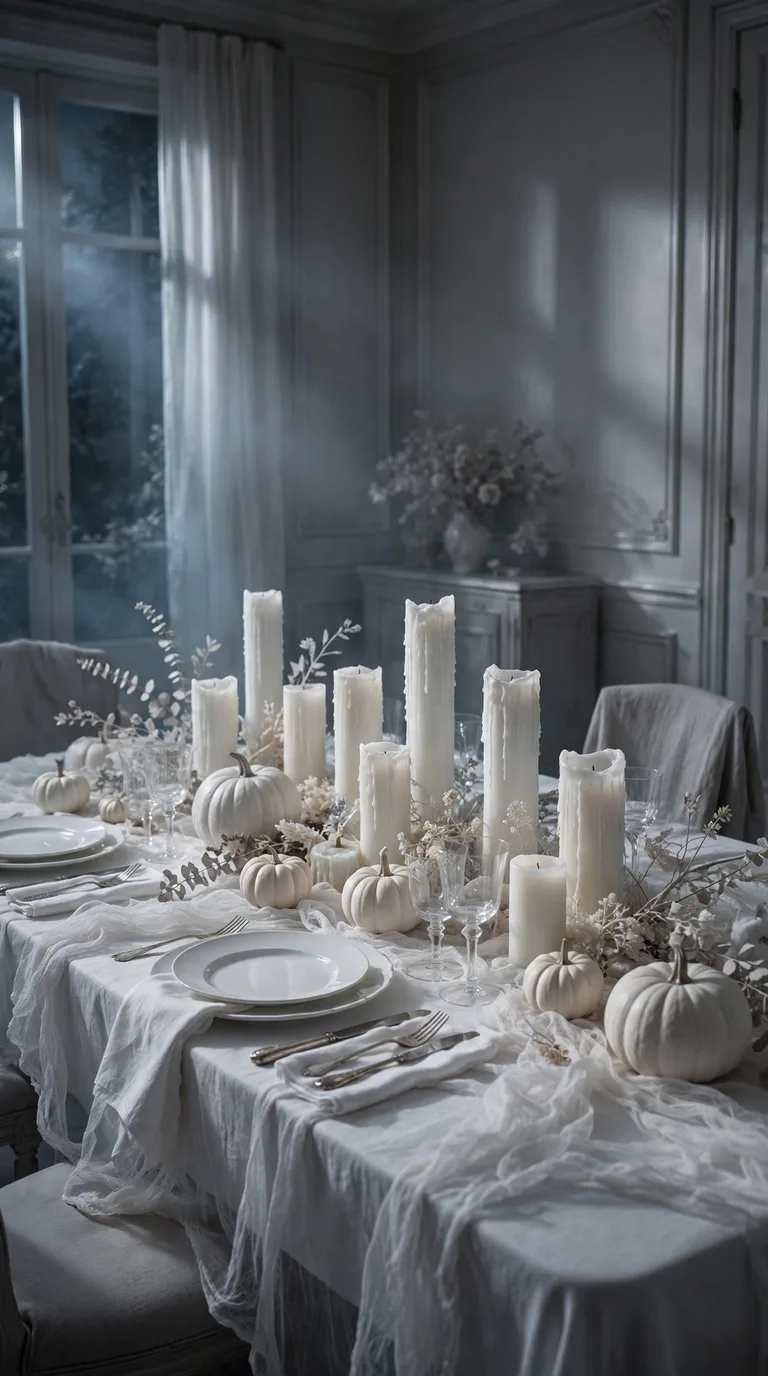 Ghostly white Halloween tablescape with white candles and cheesecloth drapes