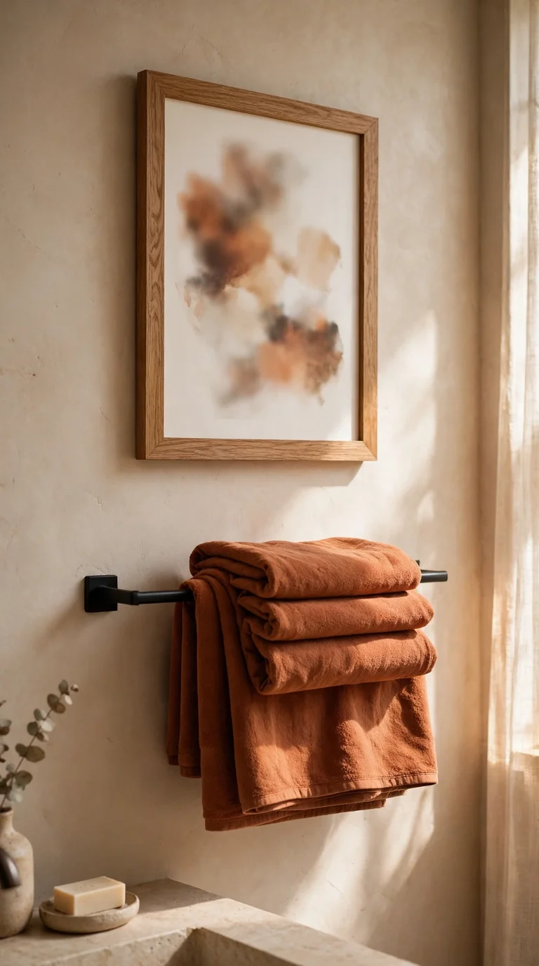 15 Thanksgiving Bathroom Decor Ideas for a Warm Festive Welcome Framed gratitude print above a towel bar in a Thanksgiving bathroom with folded rust towels