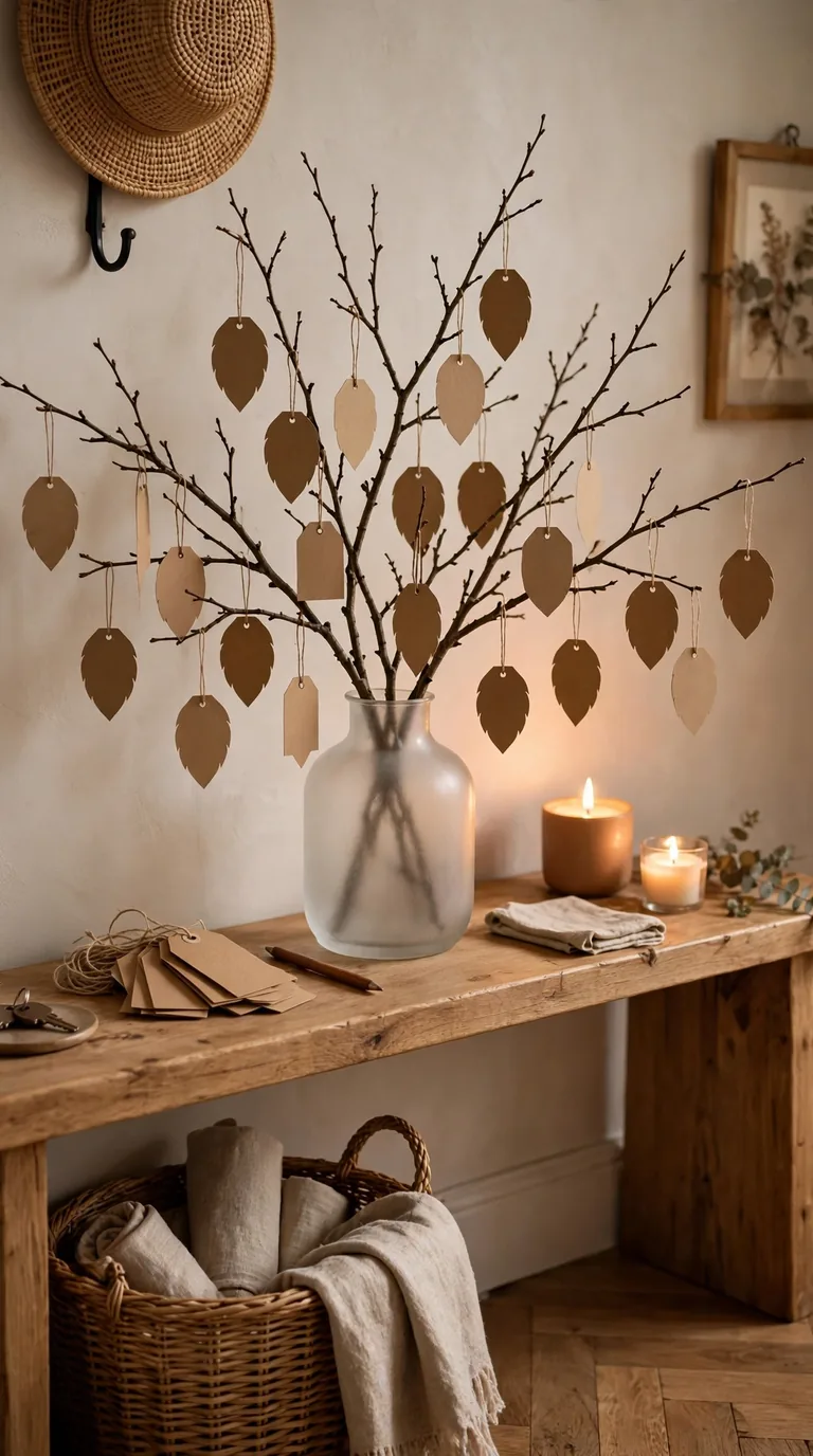 Gratitude station with bare branches and paper leaves on a Thanksgiving entryway console
