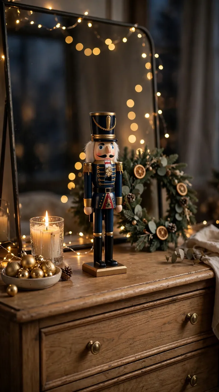 Bedroom dresser top styled with a nutcracker soldier, mini wreath and candle beside a mirror