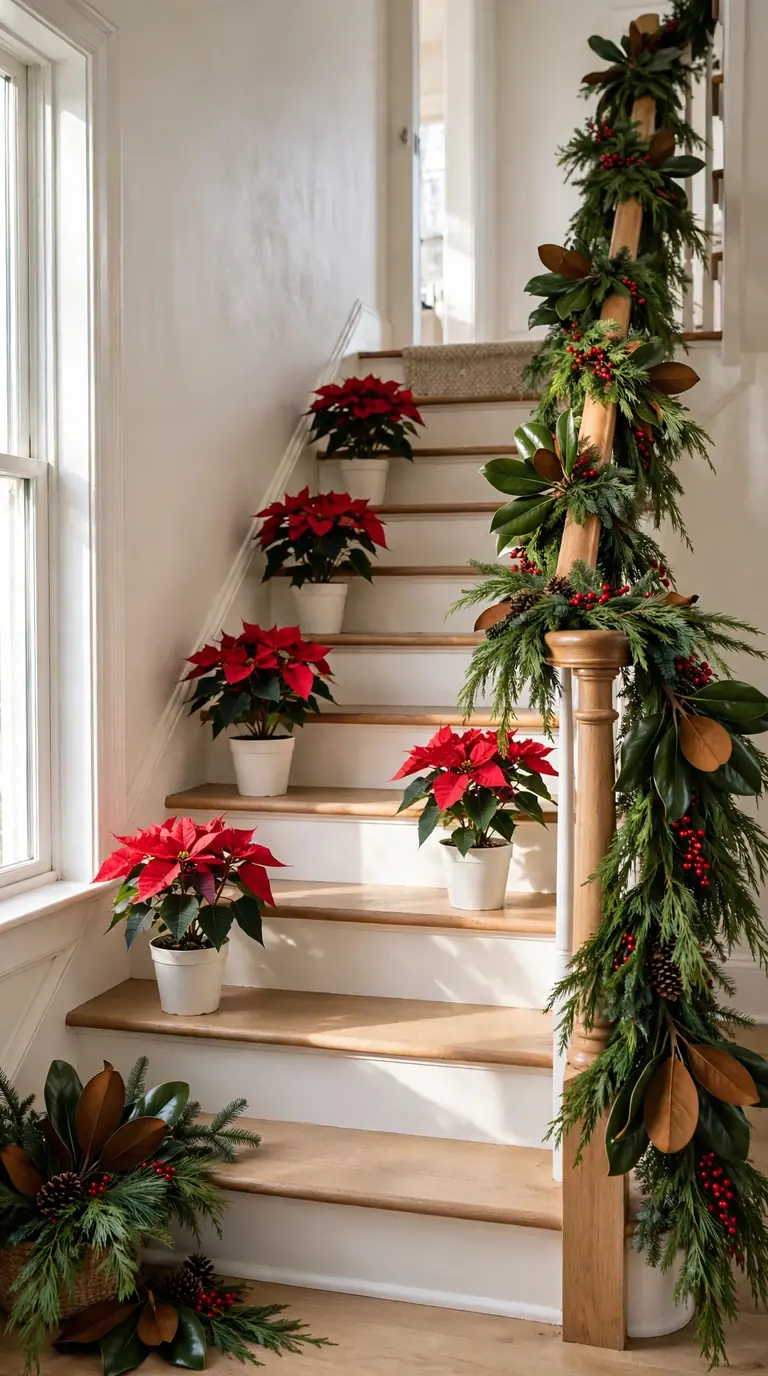 Staircase with red poinsettias in white pots on the steps and fresh cedar and fir garland with red berries on the banister