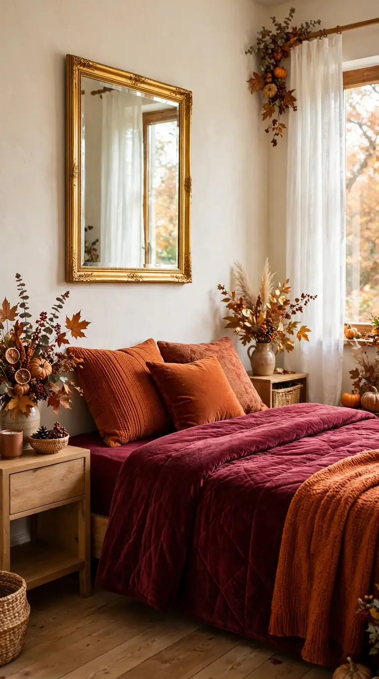 Bold guest room with burgundy bedding, burnt orange cushions, and gold framed mirror
