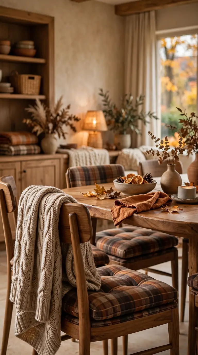 Dining chairs with plaid cushions and a draped knitted throw