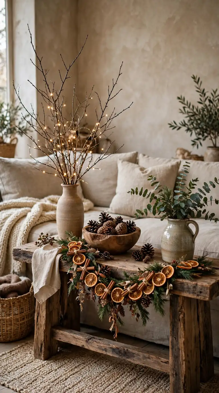 Foraged natural christmas living room decor with pinecones and citrus