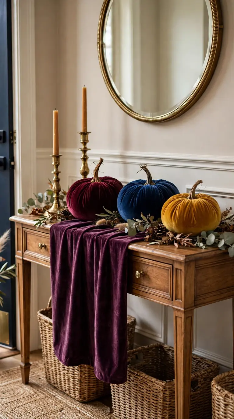 Jewel tone Thanksgiving entryway with velvet pumpkins in burgundy and mustard and brass candlesticks