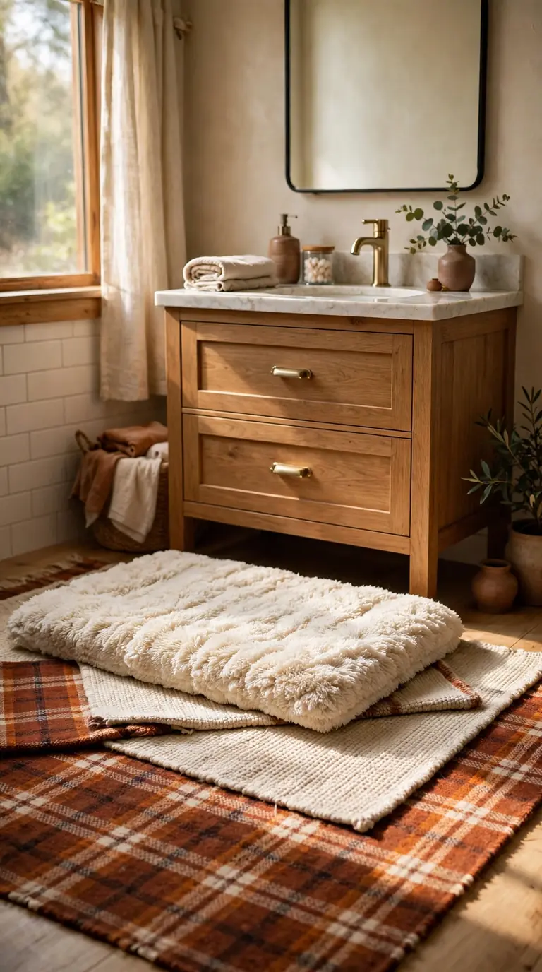 15 Thanksgiving Bathroom Decor Ideas for a Warm Festive Welcome Layered fall rugs in rust and cream with a plush bath mat in a Thanksgiving bathroom