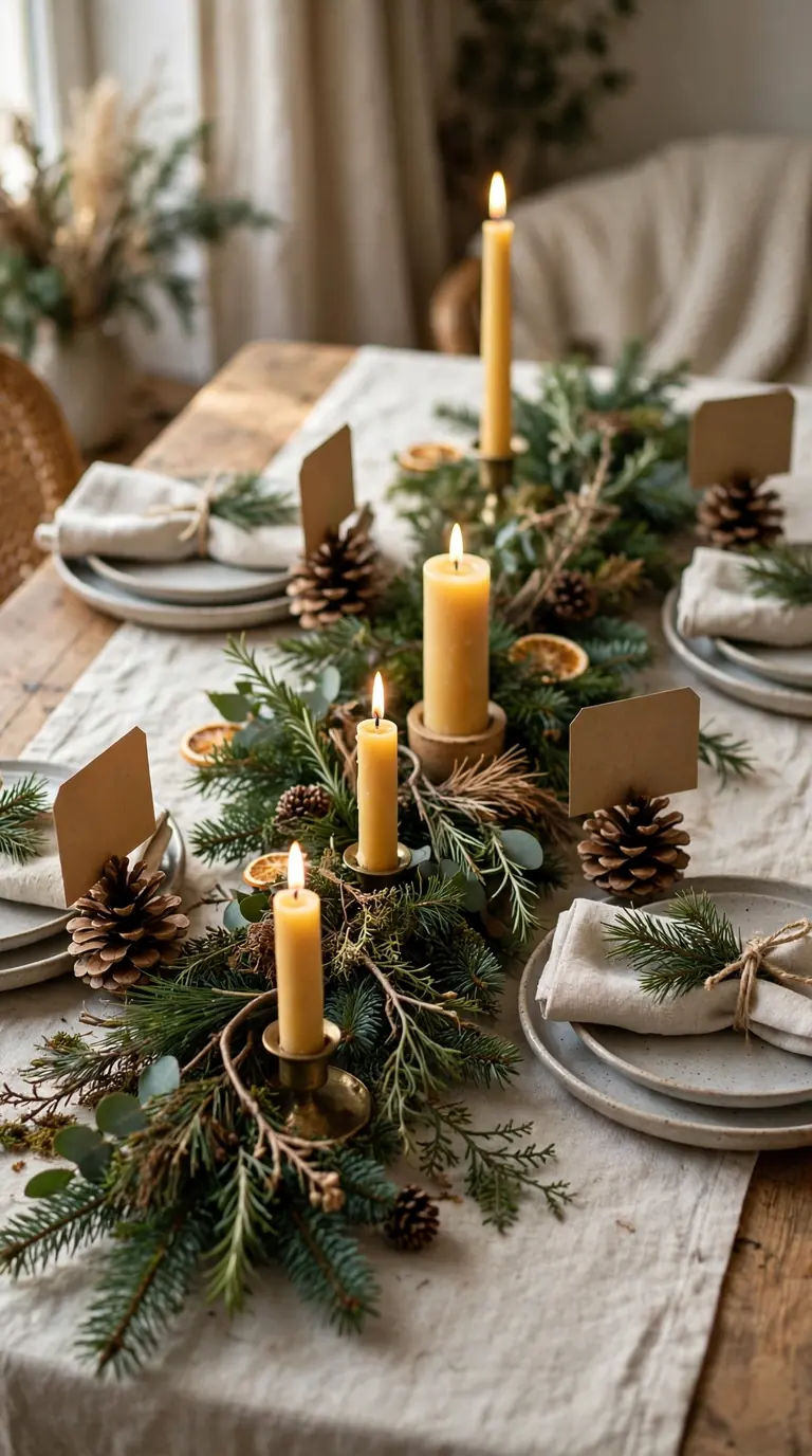 Sustainable Christmas dining table with linen cloth napkins, pine sprigs and kraft paper place cards