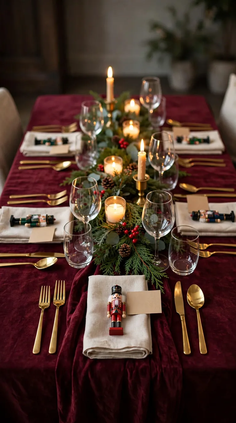 Elegant Christmas tablescape with mini nutcracker place cards at each setting and greenery runner