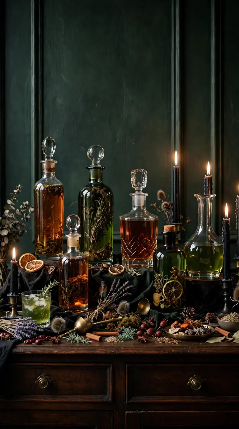 Halloween potion drinks station styled on a dining room sideboard