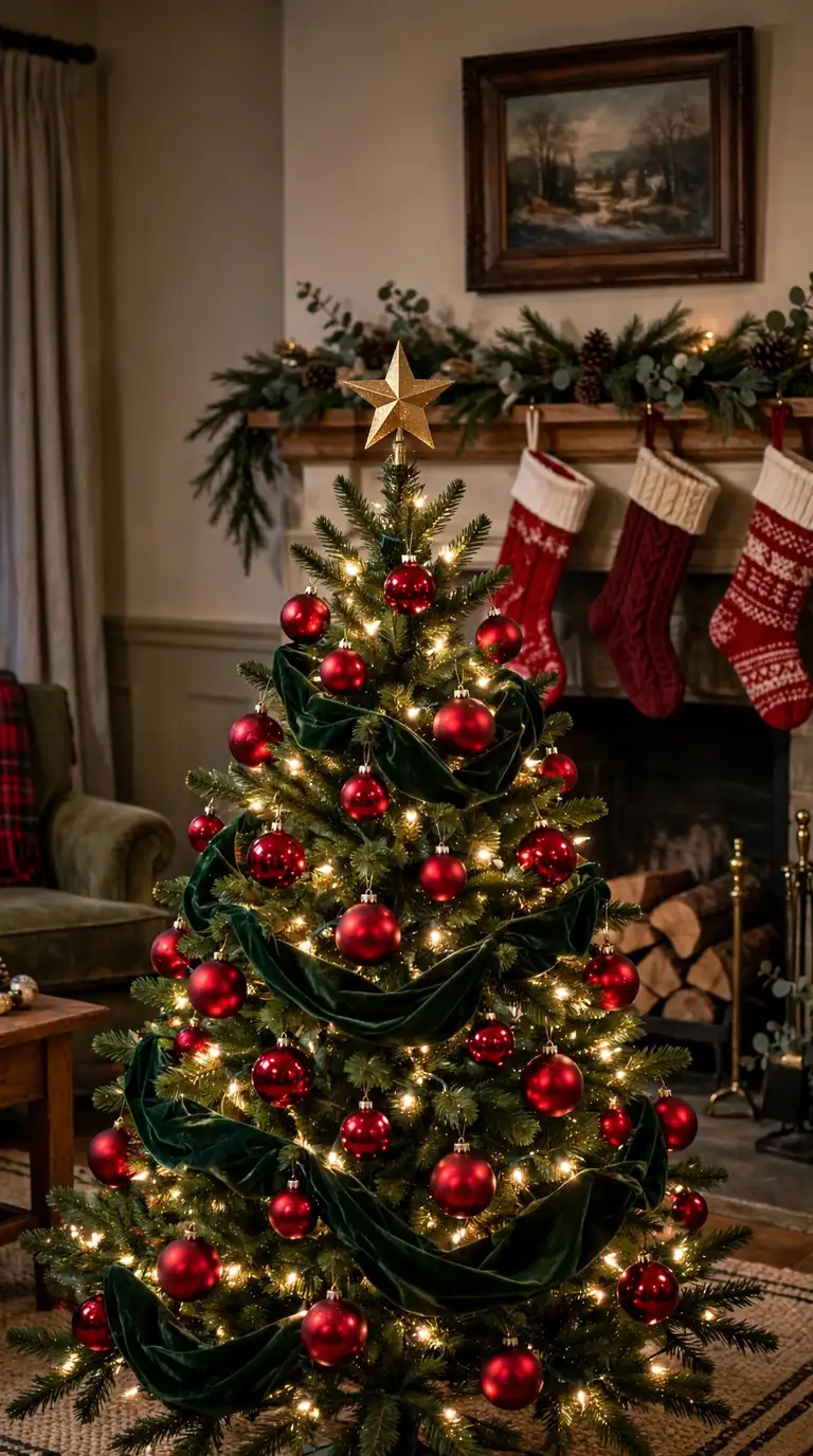 Classic red and green Christmas tree with glossy red baubles and gold star